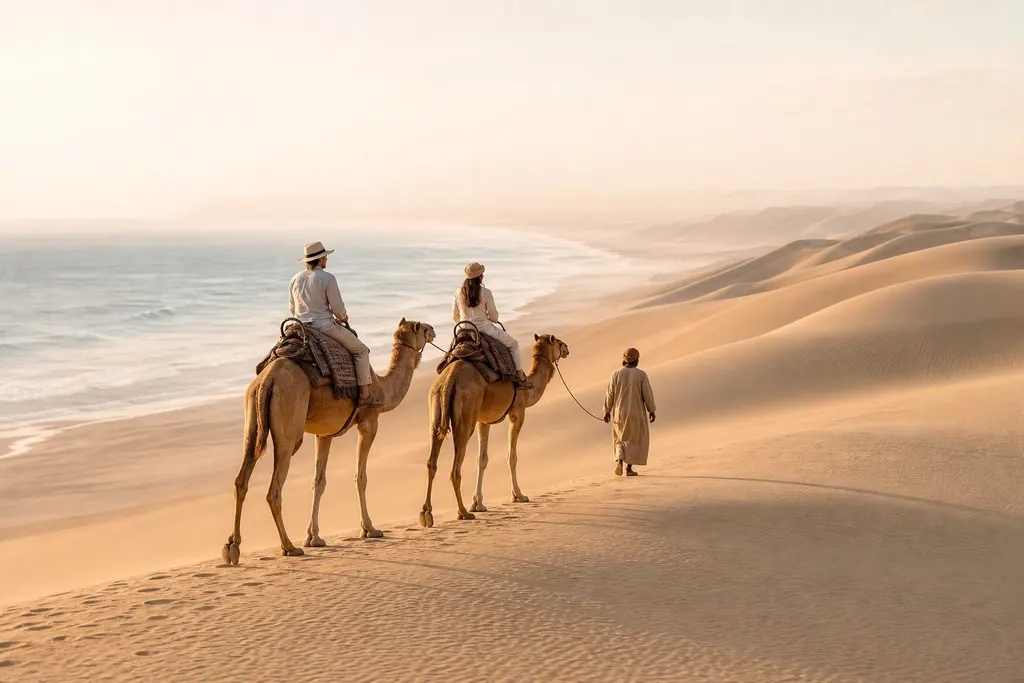 Editorial concept of a camel ride in the dunes near Swakopmund