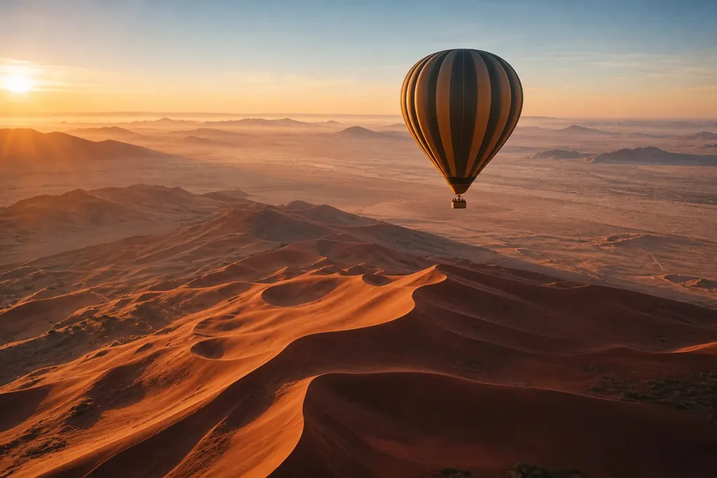 Editorial concept of a hot-air balloon above the Namib Desert