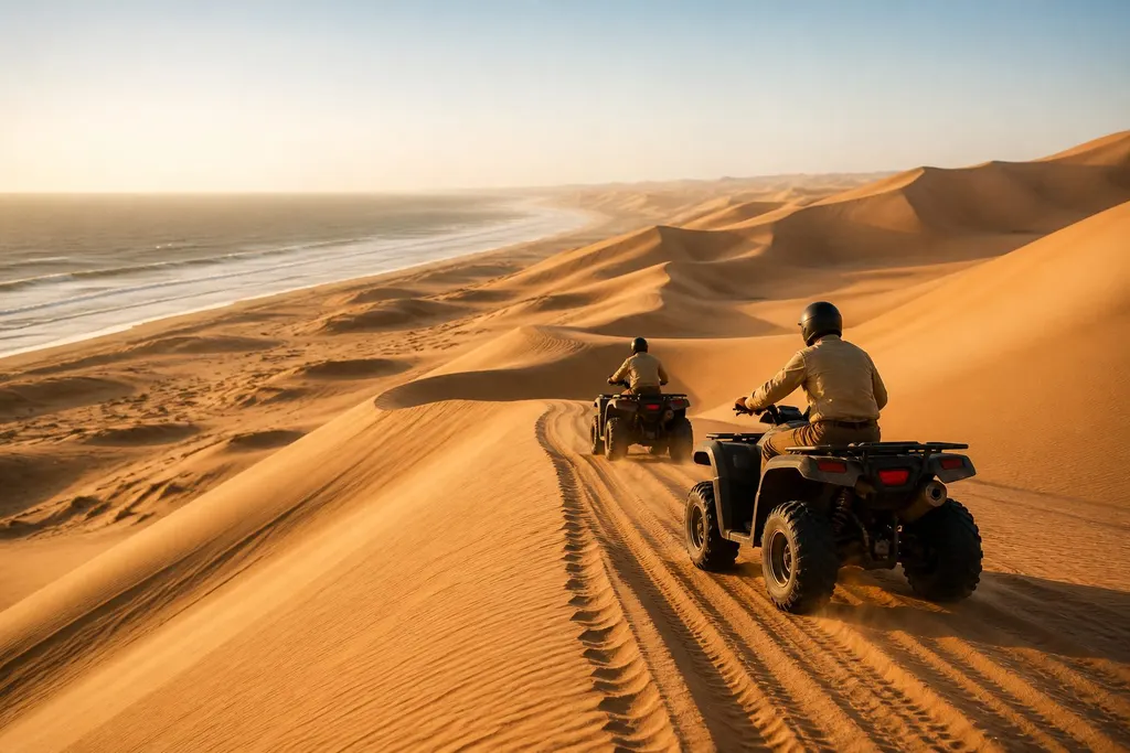 Editorial concept of guided quad biking on Namibia's coastal dunes