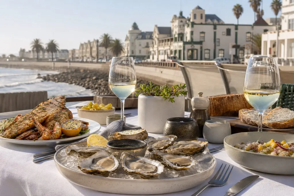 Editorial concept of a Swakopmund seafood table