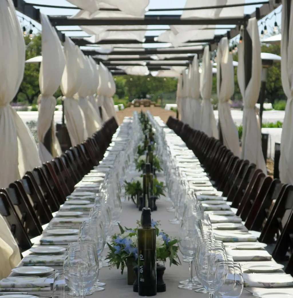 Editorial outdoor dining scene at golden hour