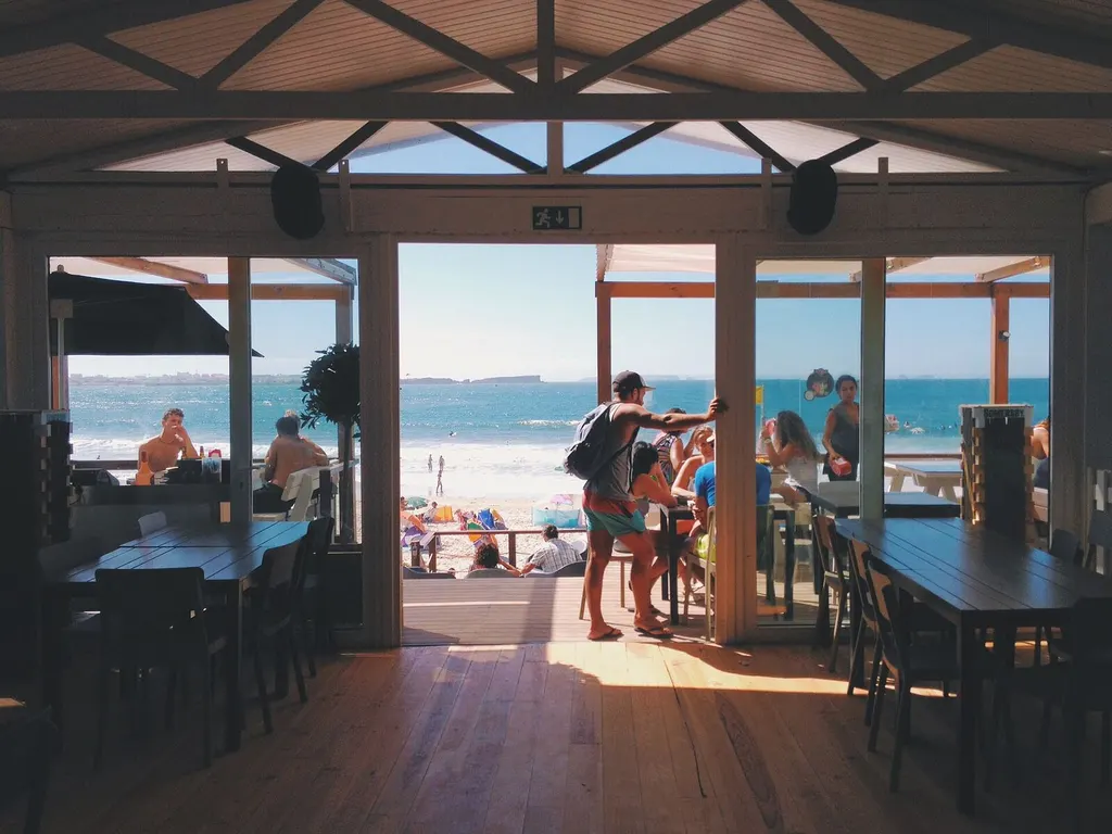 Open-air coastal restaurant table