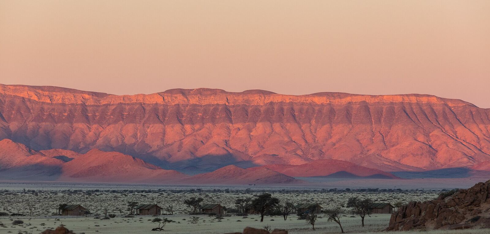 Elevated view across the dunes and open landscape of the Namib Desert