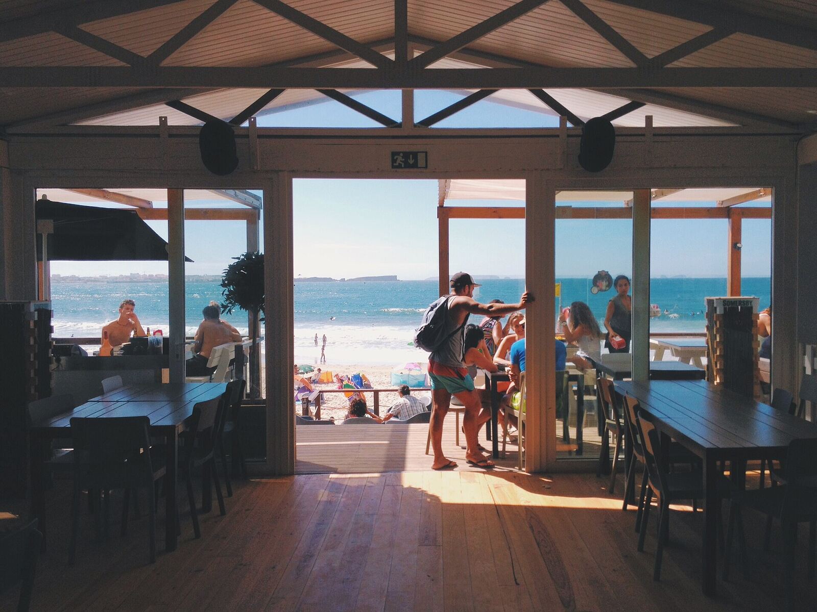 Open-air coastal restaurant table